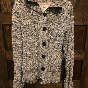 Navy and cream hooded button up sweater